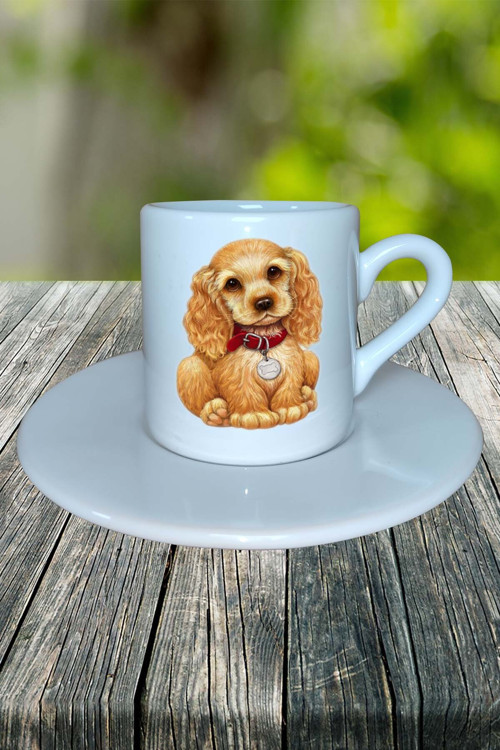 Cocker Spaniel Köpek Baskılı Türk Kahvesi Fincanı Tabaklı Kişiye Özel Model 5