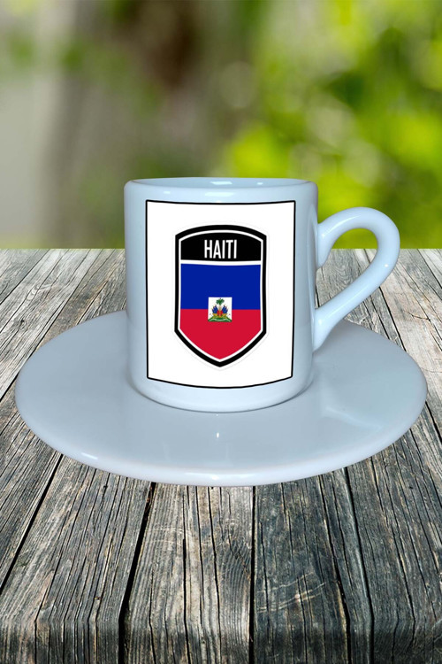 Haiti Ülke Bayrağı Bayrak Baskılı Türk Kahvesi Fincanı Tabaklı Kişiye Özel Model 1