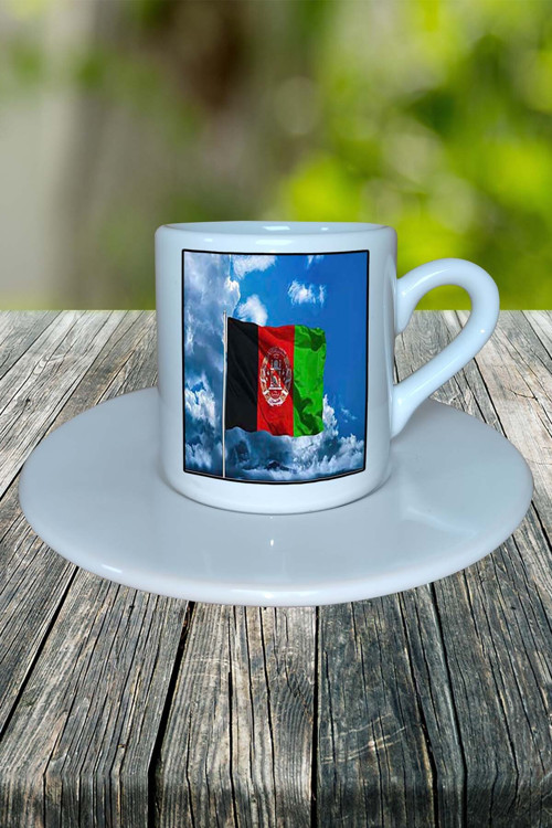 Afganistan Ülke Bayrağı Bayrak Baskılı Türk Kahvesi Fincanı Tabaklı Kişiye Özel Model 3