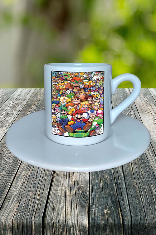 Super Mario Oyun Baskılı Türk Kahvesi Fincanı Tabaklı Kişiye Özel Model 4