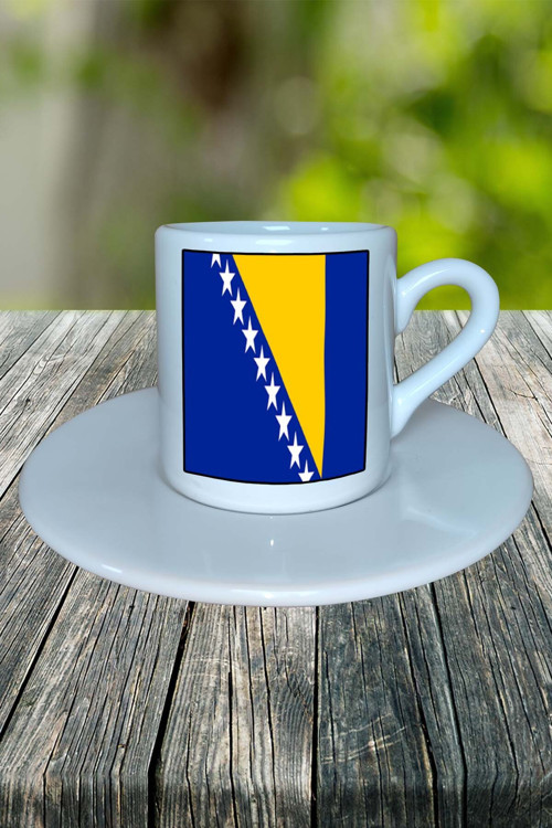 Bosna hersek Ülke Bayrağı Bayrak Baskılı Türk Kahvesi Fincanı Tabaklı Kişiye Özel Model 1