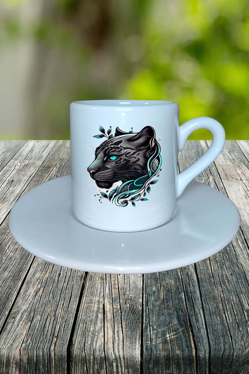 panter Baskılı Türk Kahvesi Fincanı tabaklı Kişiye Özel model 2