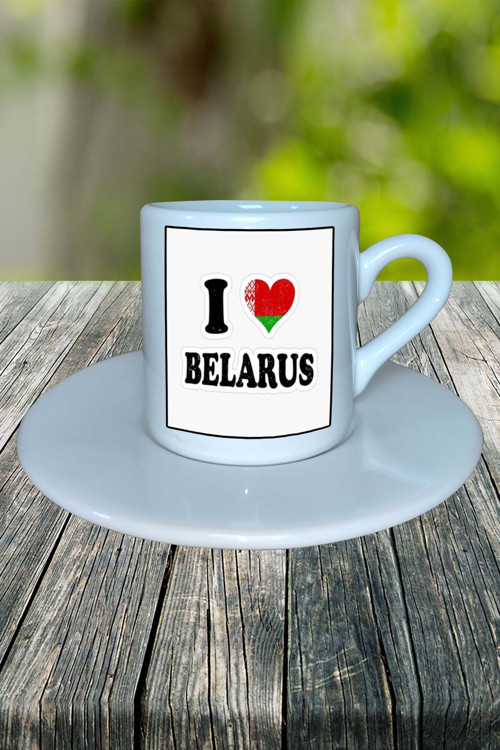 Belarus Ülke Bayrağı Bayrak Baskılı Türk Kahvesi Fincanı Tabaklı Kişiye Özel Model 2
