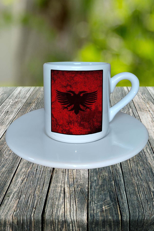 Arnavutluk Ülke Bayrağı Bayrak Baskılı Türk Kahvesi Fincanı Tabaklı Kişiye Özel Model 3