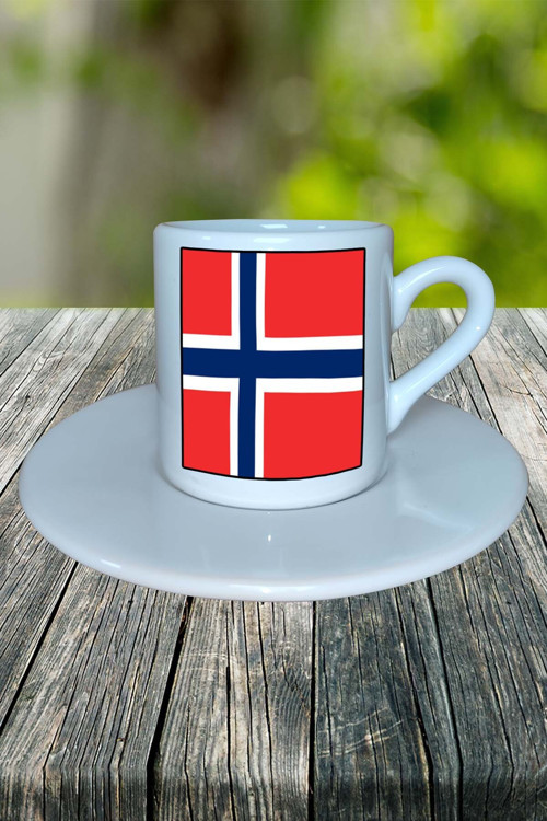 Norveç Ülke Bayrağı Bayrak Baskılı Türk Kahvesi Fincanı Tabaklı Kişiye Özel Model 2