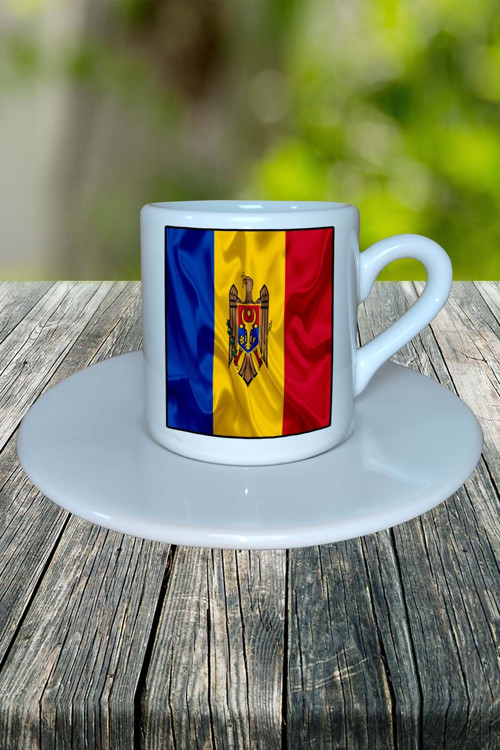 Moldova Ülke Bayrağı Bayrak Baskılı Türk Kahvesi Fincanı Tabaklı Kişiye Özel Model 1