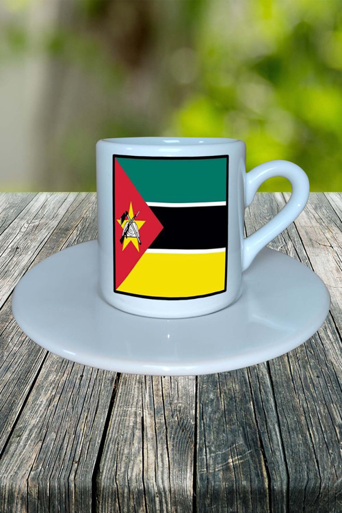 Mozambik Ülke Bayrağı Bayrak Baskılı Türk Kahvesi Fincanı Tabaklı Kişiye Özel Model 2