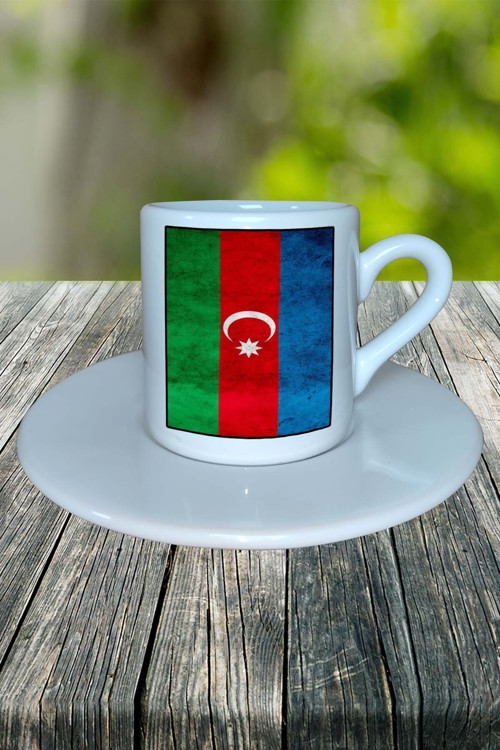 Azerbaycan Ülke Bayrağı Bayrak Baskılı Türk Kahvesi Fincanı Tabaklı Kişiye Özel Model 6