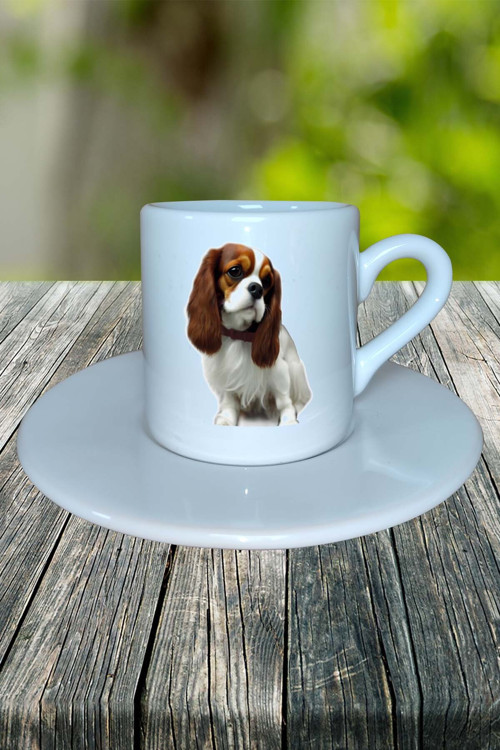 Cavalier King Charles Köpek Baskılı Türk Kahvesi Fincanı Tabaklı Kişiye Özel Model 6