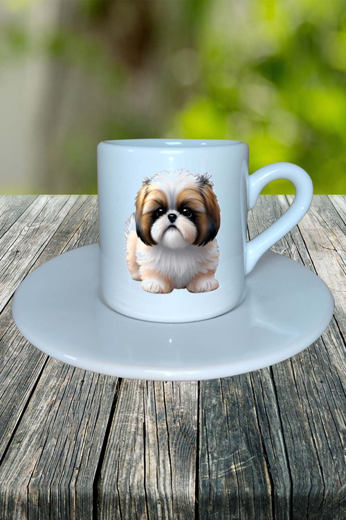 ShihTzu Köpek Baskılı Türk Kahvesi Fincanı Tabaklı Kişiye Özel Model 7