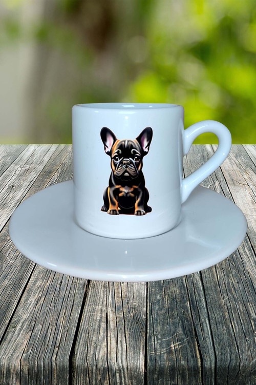 French Bulldog Köpek Baskılı Türk Kahvesi Fincanı Tabaklı Kişiye Özel Model 7