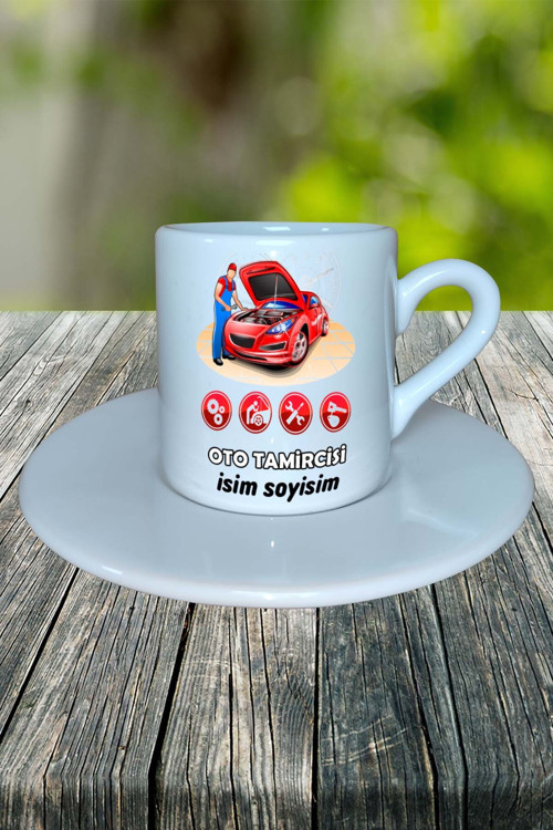 oto tamircisi Meslek Baskılı Türk Kahvesi Fincanı tabaklı Kişiye Özel model 4
