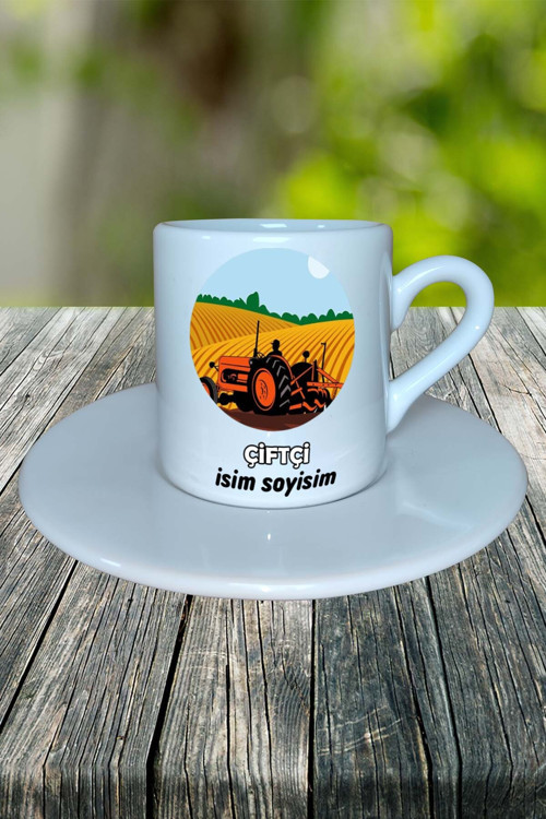 Çiftçi Meslek Baskılı Türk Kahvesi Fincanı tabaklı Kişiye Özel model 2