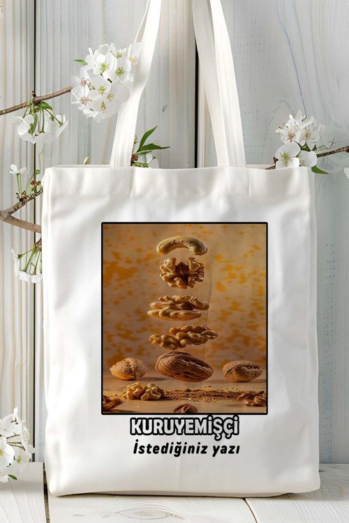 Art hedi̇ye kuru yemişçi Baskılı bez omuz çantası kişiye özel model 4