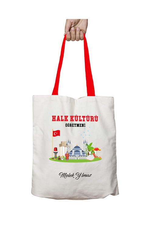 Art hedi̇ye Kırmızı Kulplu Kişiye Özel Halk Kültürü Öğretmeni Yıkanabilir Omuz Çanta