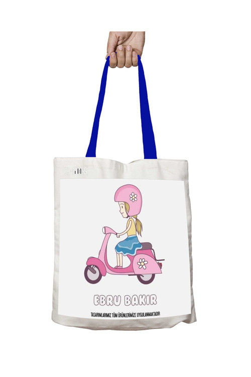 Art hedi̇ye Mavi Kulplu Kişiye Özel Vespa Bisikletli Kız Yıkanabilir Omuz Çanta