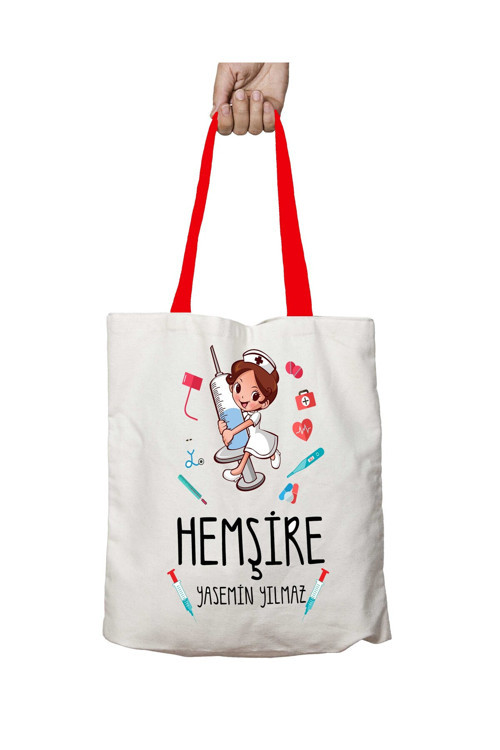 Art hedi̇ye Kırmızı Kulplu Kişiye Özel Hemşire Yıkanabilir Omuz Çanta