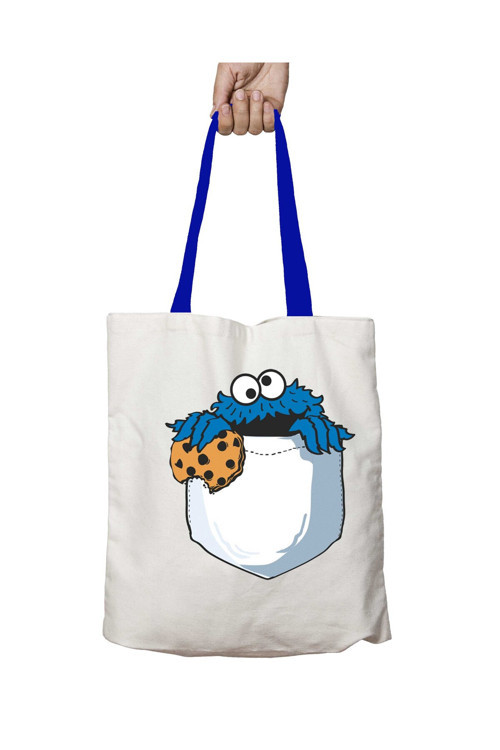 Art hedi̇ye Mavi Kulplu Cookie Monsters Pocket Yıkanabilir Omuz Çanta