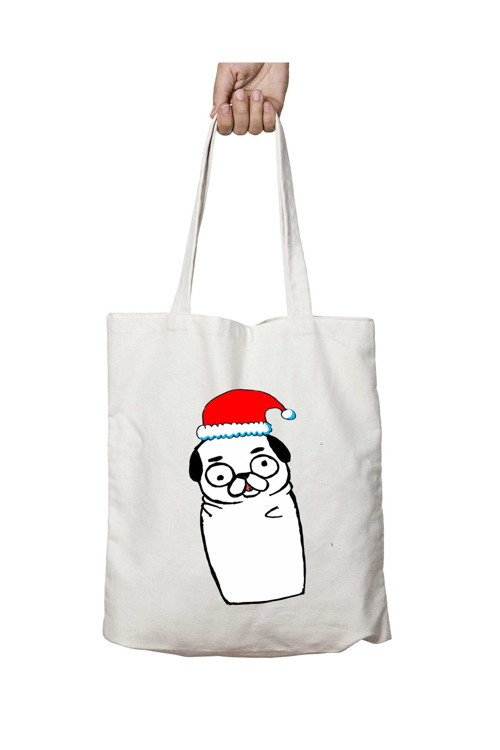 Art hedi̇ye Santa Pug iki Tarafı Kalıcı Baskılı Yıkanabilir Çanta
