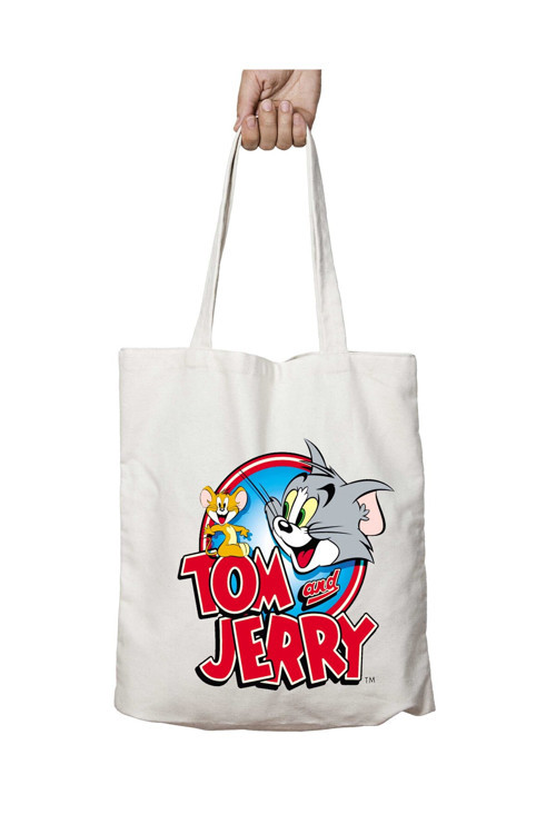 Art hedi̇ye Tom ve Jerry Logo iki Tarafı Kalıcı Baskılı Yıkanabilir Çanta