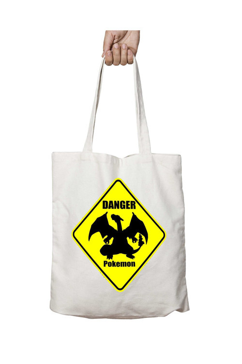 Art hedi̇ye Pokemon Warning Sign Danger Charizard iki Tarafı Kalıcı Baskılı Yıkanabilir Çanta