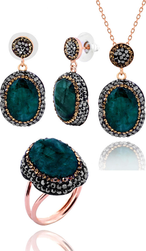 Akasya Serisi Oval Yeşil Zümrüt Doğal Taşlı Kadın Üçlü Set Ayarlanabilir Ölçü