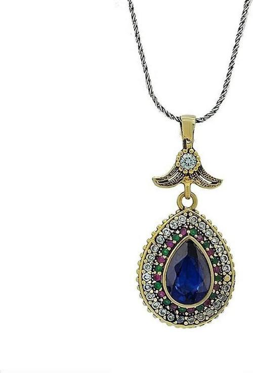 Didar Sultan Serisi Mavi Safir Taşlı Gümüş Damla Bayan Kolye Otantik Kolyeleri