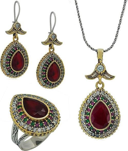 Didar Sultan Serisi Yakut Taşlı Seti Damla Gümüş Üçlü Kadın Takı Seti