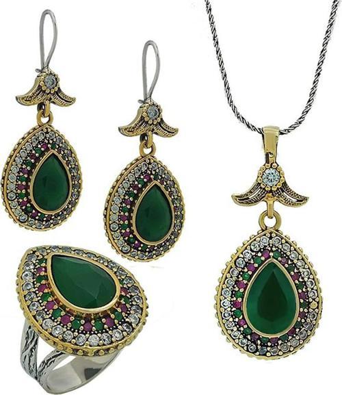 Didar Sultan Serisi Zümrüt Taşlı Seti Damla Gümüş Üçlü Kadın Takı Seti
