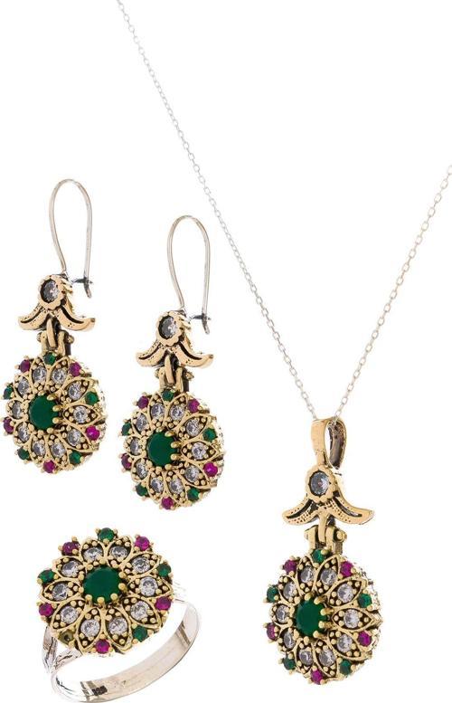 Verde  Renkli Taşlı  Gümüş Üçlü Set Otantik Takı Ayarlanabiilir Yüzüklü 