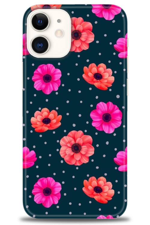 iPhone 12 Mini Kılıf HD Baskılı Kılıf - Puantiye ve Çiçekler