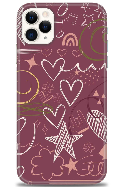 iPhone 11 Pro Kılıf HD Baskılı Kılıf - Notalar ve Kalpler Bordo