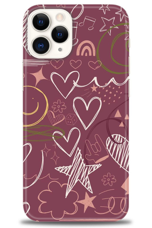 iPhone 12 Pro Max Kılıf HD Baskılı Kılıf - Notalar ve Kalpler Bordo