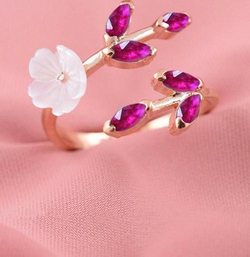 Sedef Çiçeği Fuşya Taşlı Ayarlanabilir 14 K Rose Altın Kaplama Kadın Yüzük