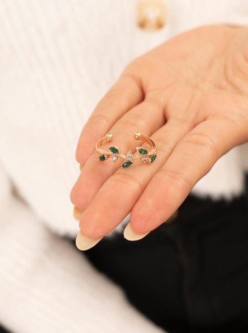 Taşlı Sarmaşık Yeşil Ayarlanabilir 14 K Rose Altın Kaplama Kadın Yüzük