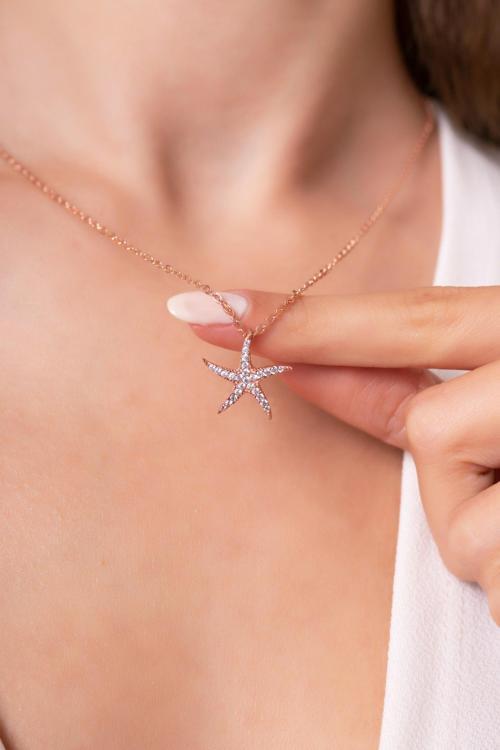 Deniz Yıldızı Taşlı 14 K Rose Gold Kaplama Kadın Kolye