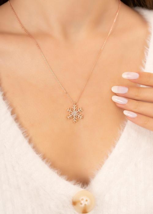 Kar Tanesi Motifli 14 K Rose Gold Kaplama Kadın Kolye