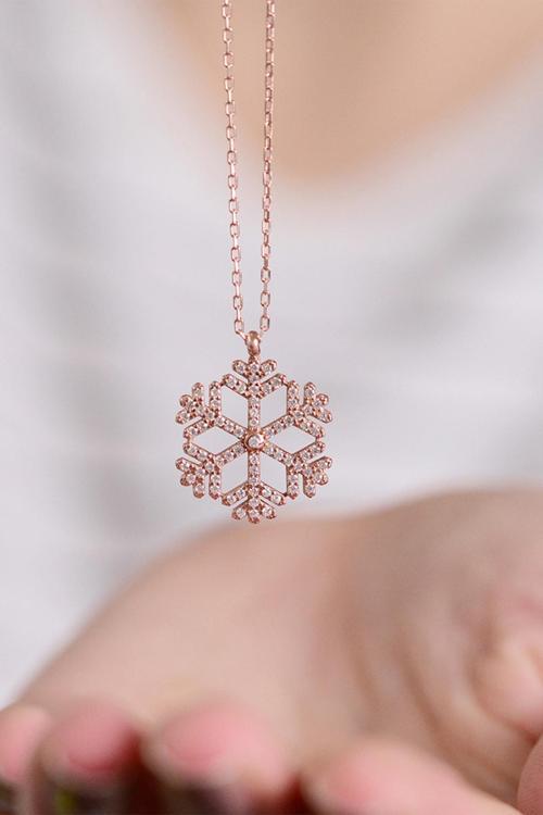 Lotus Gümüş Kar Tanesi Beyaz Taşlı 14 K Rose Altın Kaplama Kadın Kolye
