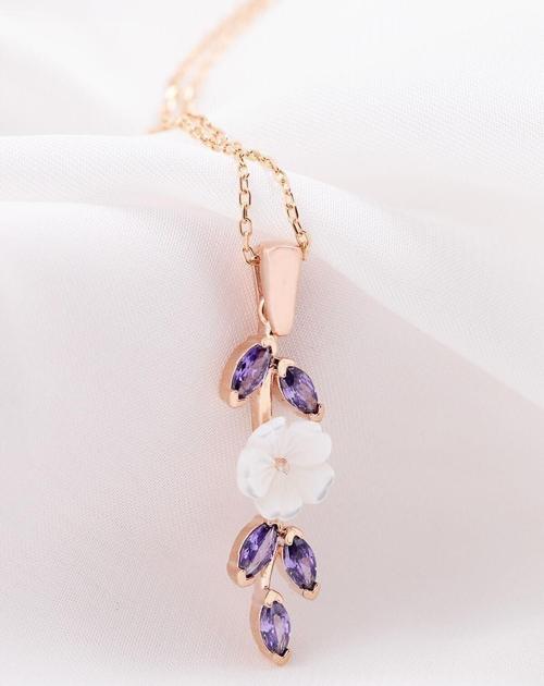 Manolya Mor Taşlı Uzun Model 14 K Rose Altın Kaplama Kadın Kolye