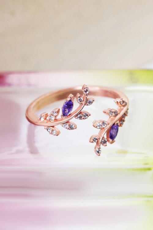 Lotus Gümüş Akasya Çiçeği Mor Ayarlanabilir 14 K Rose Altın Kaplama Kadın Yüzük