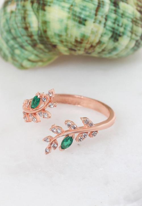 Lotus Gümüş Akasya Çiçeği Yeşil Ayarlanabilir 14 K Rose Altın Kaplama Kadın Yüzük