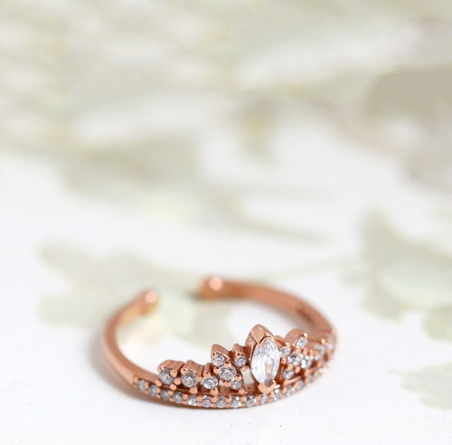 Lotus Gümüş Kadın Pembe Prenses Tacı Taşlı 14 Ayar Altın Kaplama Ayarlanabilir Yüzük