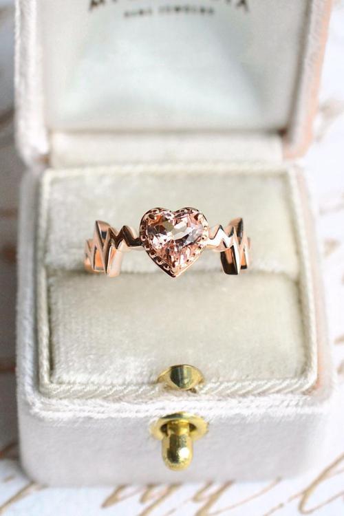 Kalp Ritmi Pembe Taşlı Ayarlanabilir 14 K Rose Altın Kaplama Kadın Yüzük