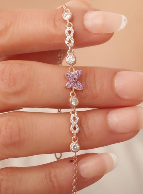 Kelebek Ve Sonsuzluk Figürlü 925 Ayar Gümüş Rose Kadın Bileklik