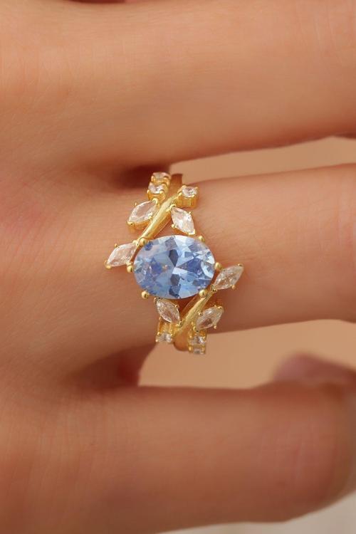 Sarmaşık Aqua Zirkon Taşlı 925 Ayar Gümüş Gold Kadın Yüzük