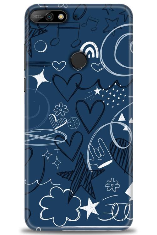Huawei Y7 2018 Kılıf HD Baskılı Kılıf - Notalar ve Kalpler Mavi