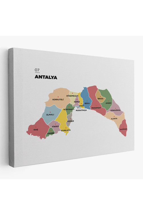 Antalya İli Ve İlçeler Haritası Dekoratif Kanvas Tablo 1268