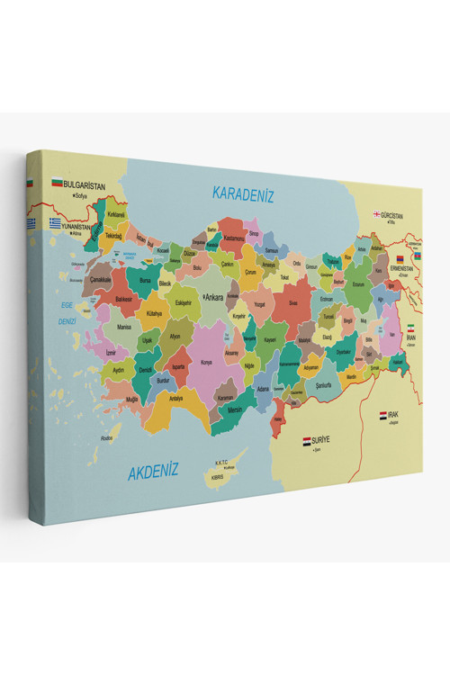 Türkiye Haritası Kanvas Tablo Sınır Komşulu Eğitici Dekoratif Tablo 3096
