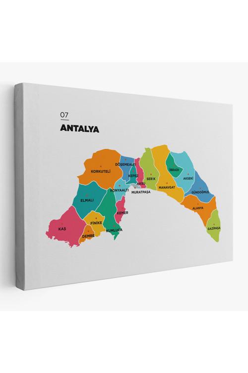 Antalya İli Ve İlçeler Haritası Dekoratif Kanvas Tablo 1269