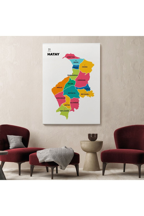 Hatay İli Ve İlçeler Haritası Dekoratif Kanvas Tablo 1354